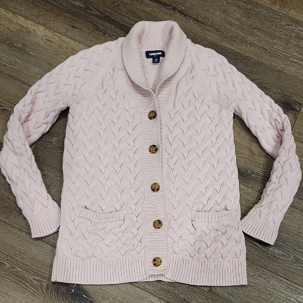 Lands' End Soft Baby Pink Intricate Cable Knit Cardigan Button Down Warm Preppy